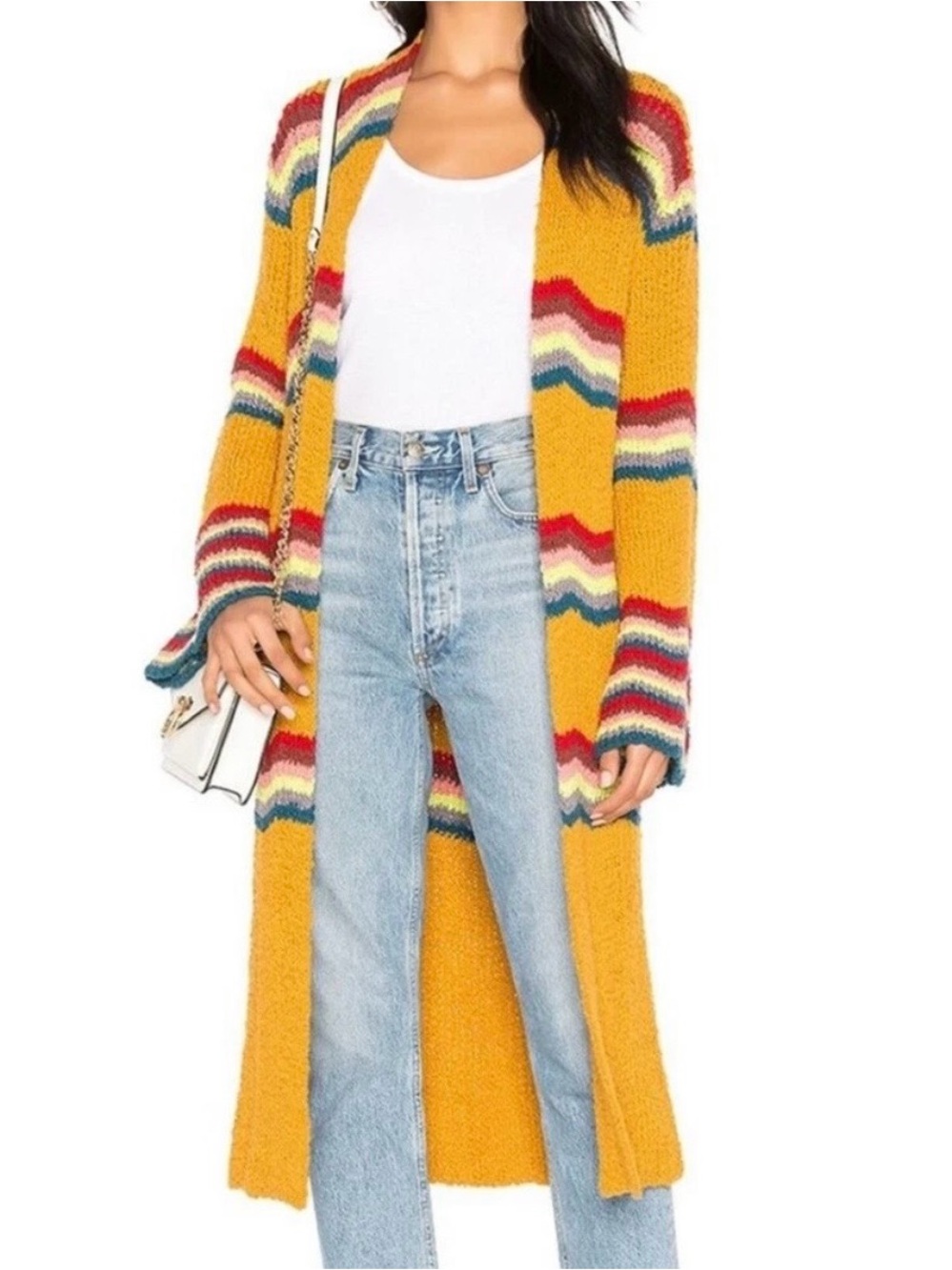 Free People Mustard Yellow Long Striped Open Cardigan
